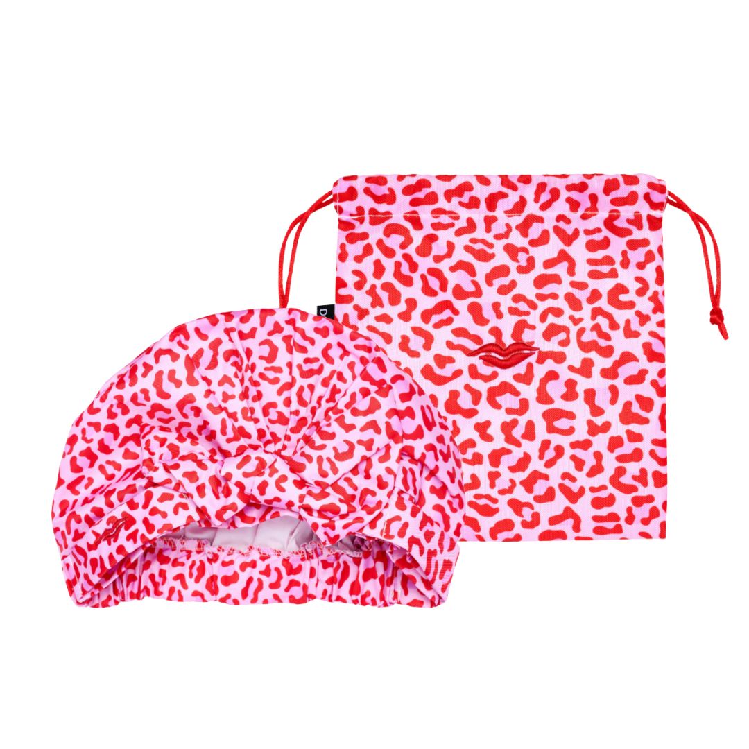 Shower Cap with Cute Bow in Red & Pink Leopard