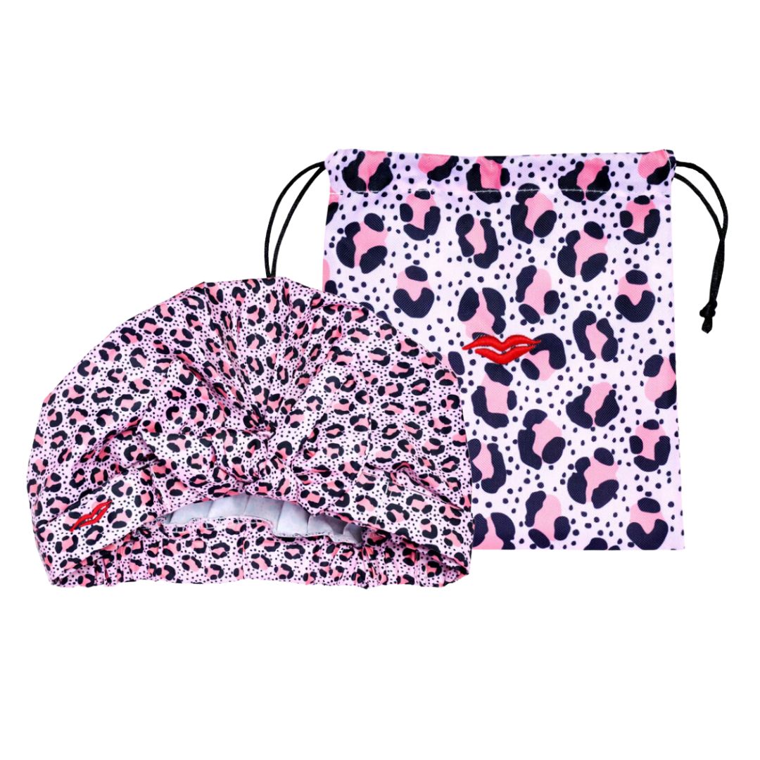 Shower Cap with Cute Bow in Nude Pink Leopard