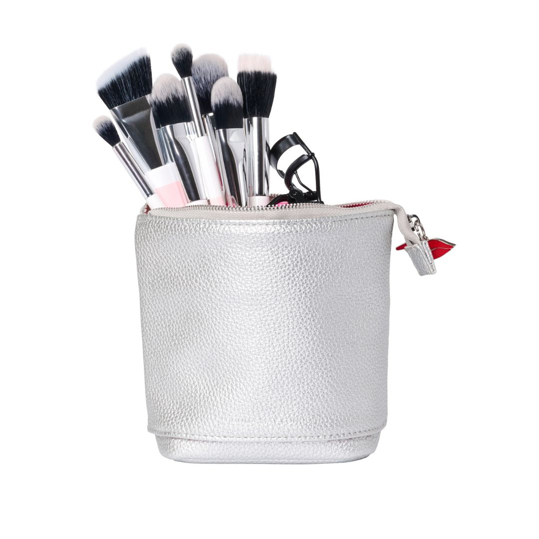 Stand & Store Makeup Brush Case in Silver | Adjustable & Travel-Friendly