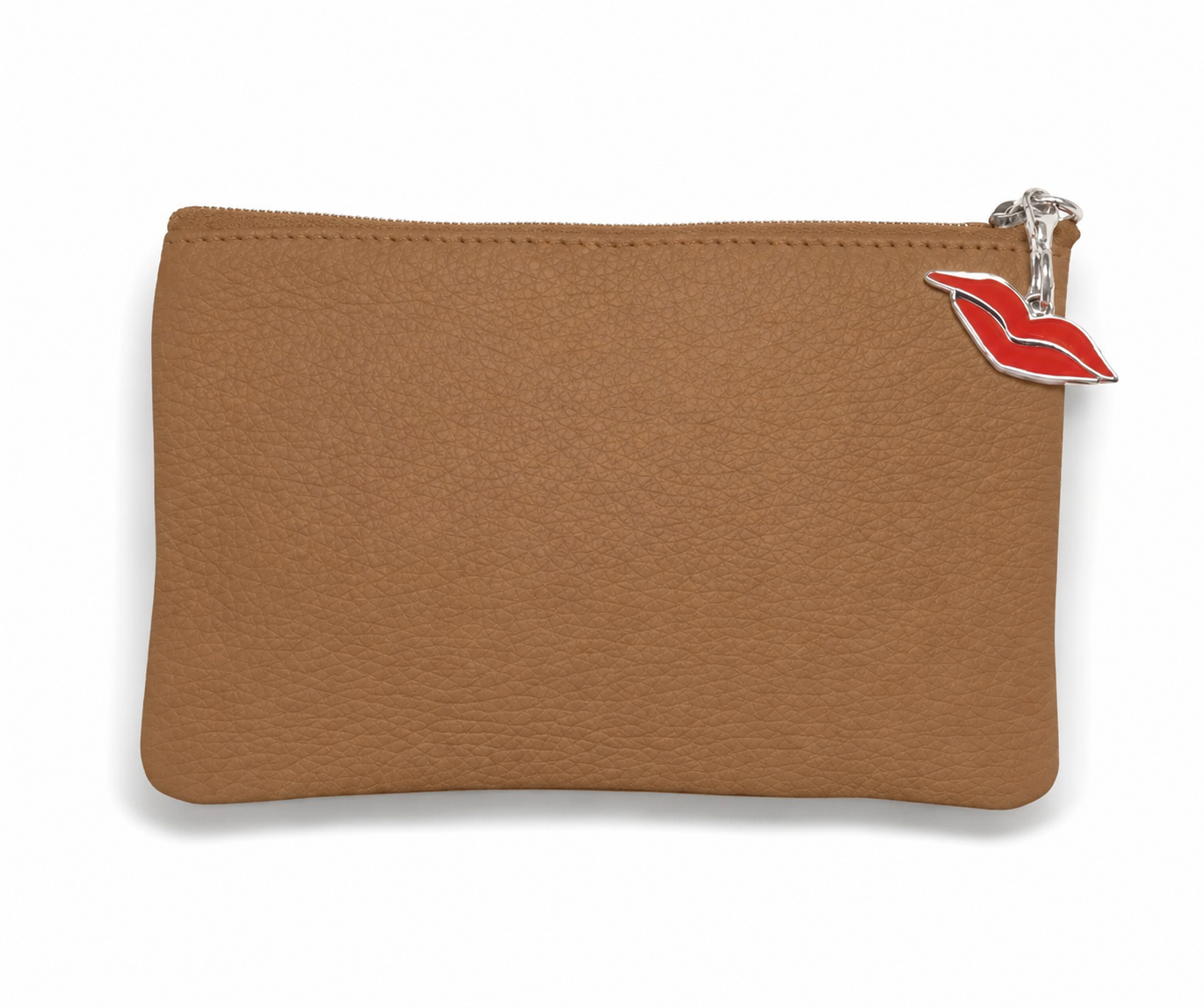 A tan leather purse with a silver metal zipper and a red lip charm.