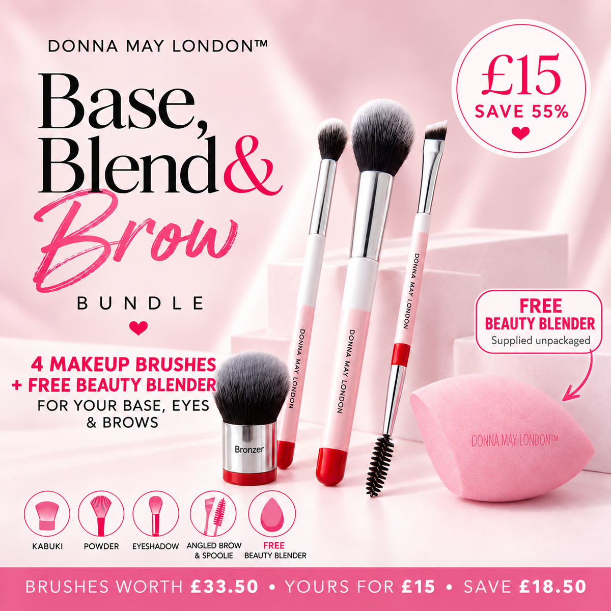 Donna May London Base, Blend & Brow bundle with four makeup brushes and a free unpackaged pink beauty blender. £15, brushes worth £33.50.