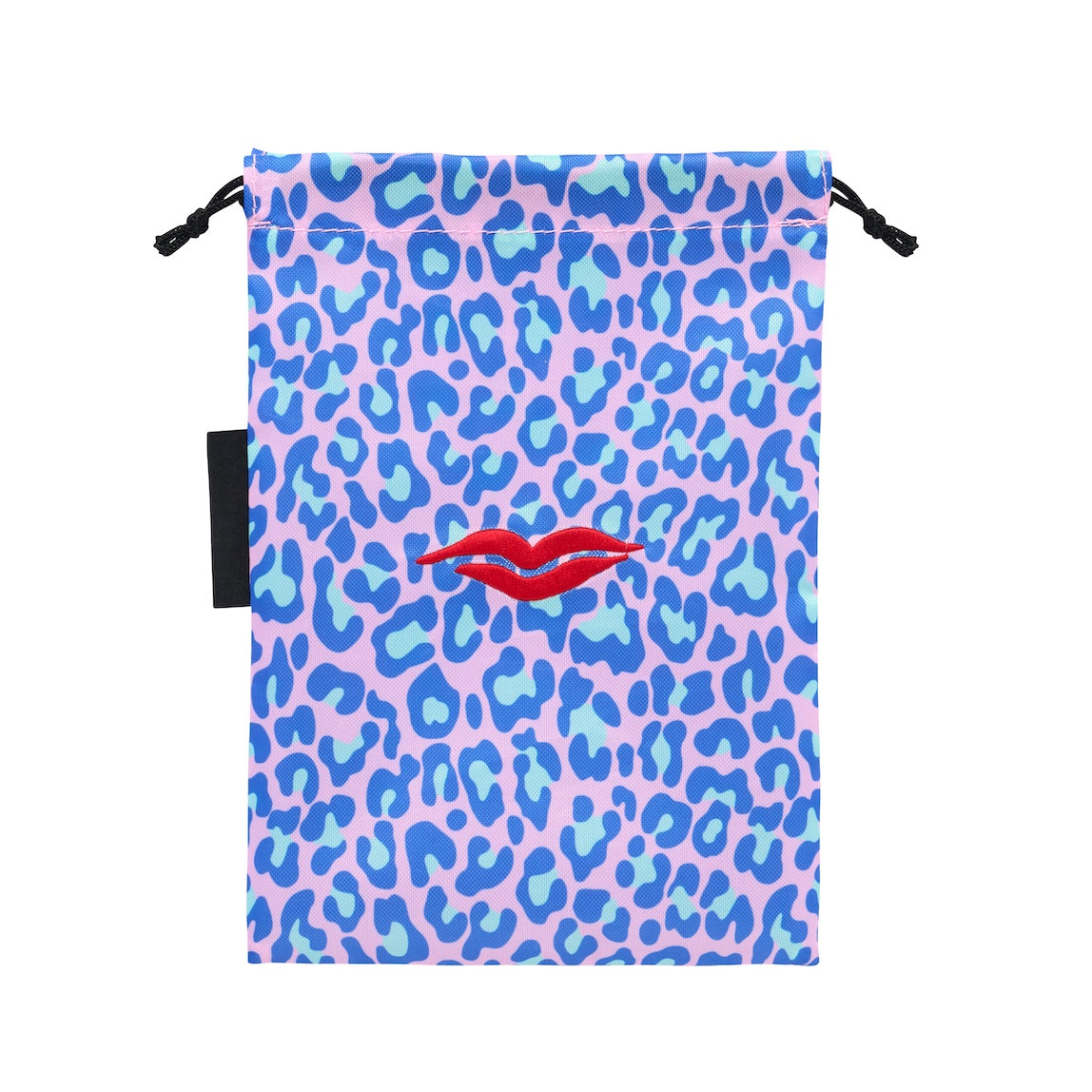Open Flat Drawstring Makeup Bag in Blue & Green Leopard
