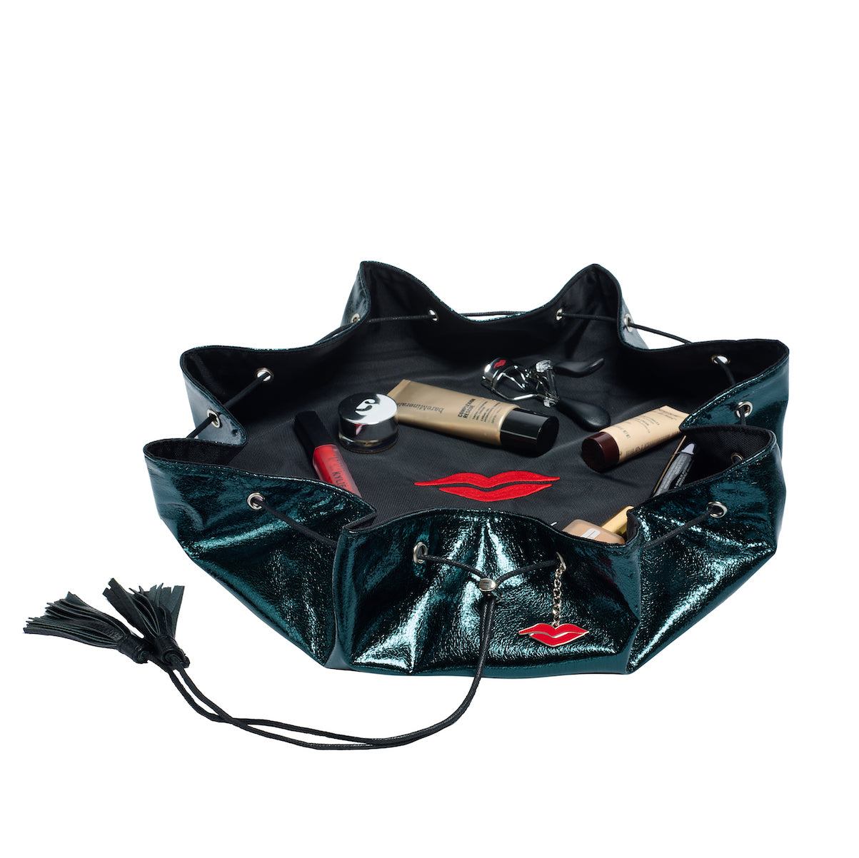 Green open flat makeup bag