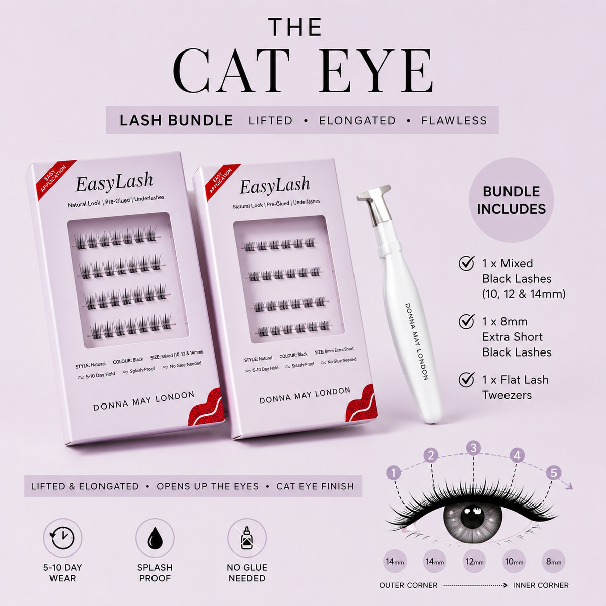 EasyLash Cat Eye Lash Bundle with pre-glued underlashes and Flat Lash Tweezers creating a lifted cat-eye effect.
