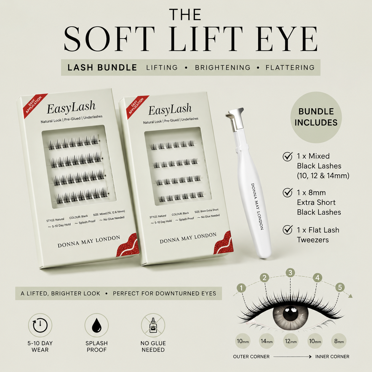 EasyLash Soft Lift Eye Lash Bundle with pre-glued underlashes, Flat Lash Tweezers and lash mapping guide for a naturally lifted finish.