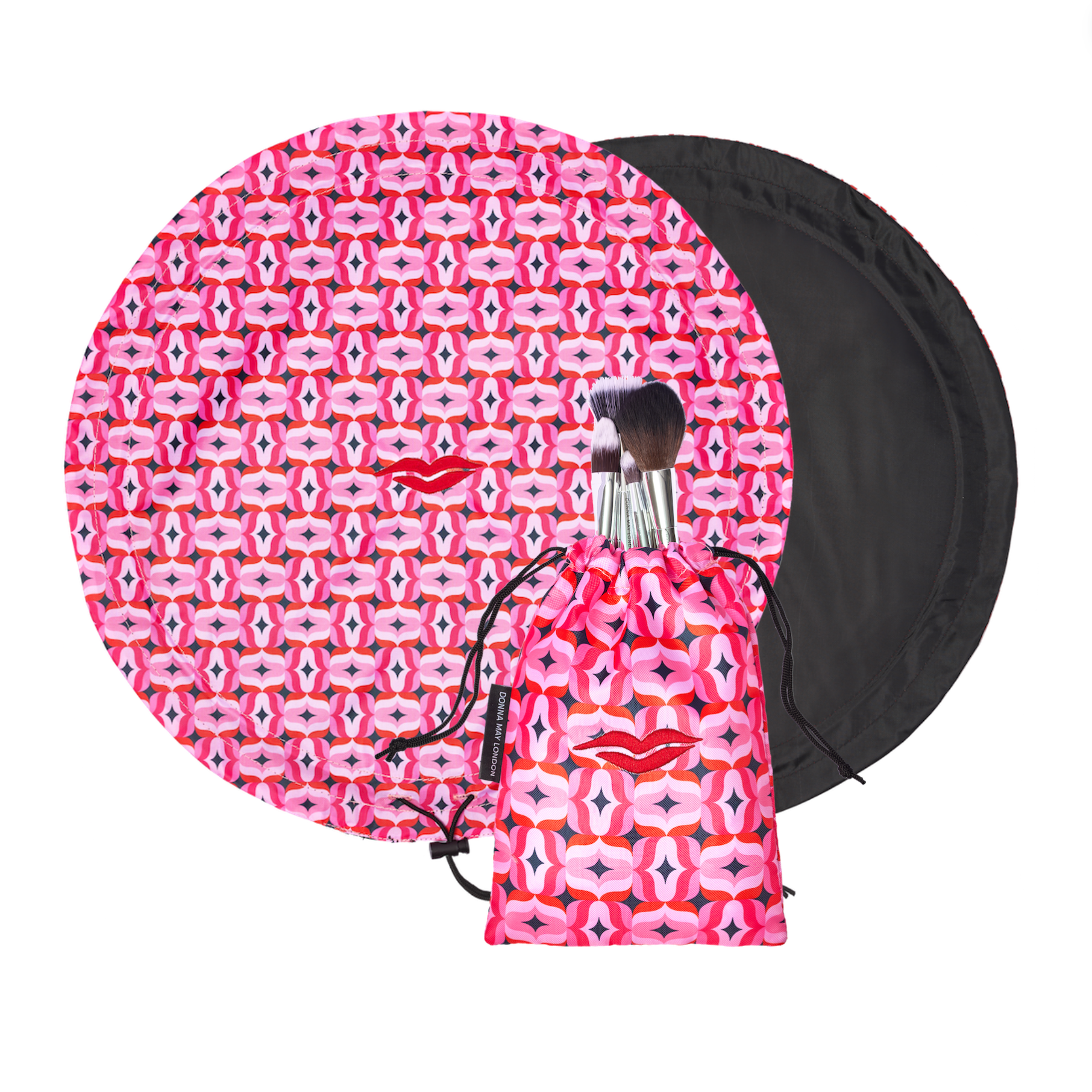Trousse de maquillage ouverte à cordon plat en rose géométrique
