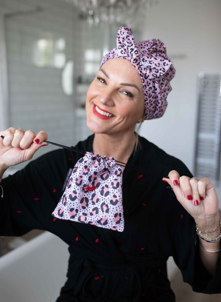 Shower Cap with Cute Bow in Nude Pink Leopard
