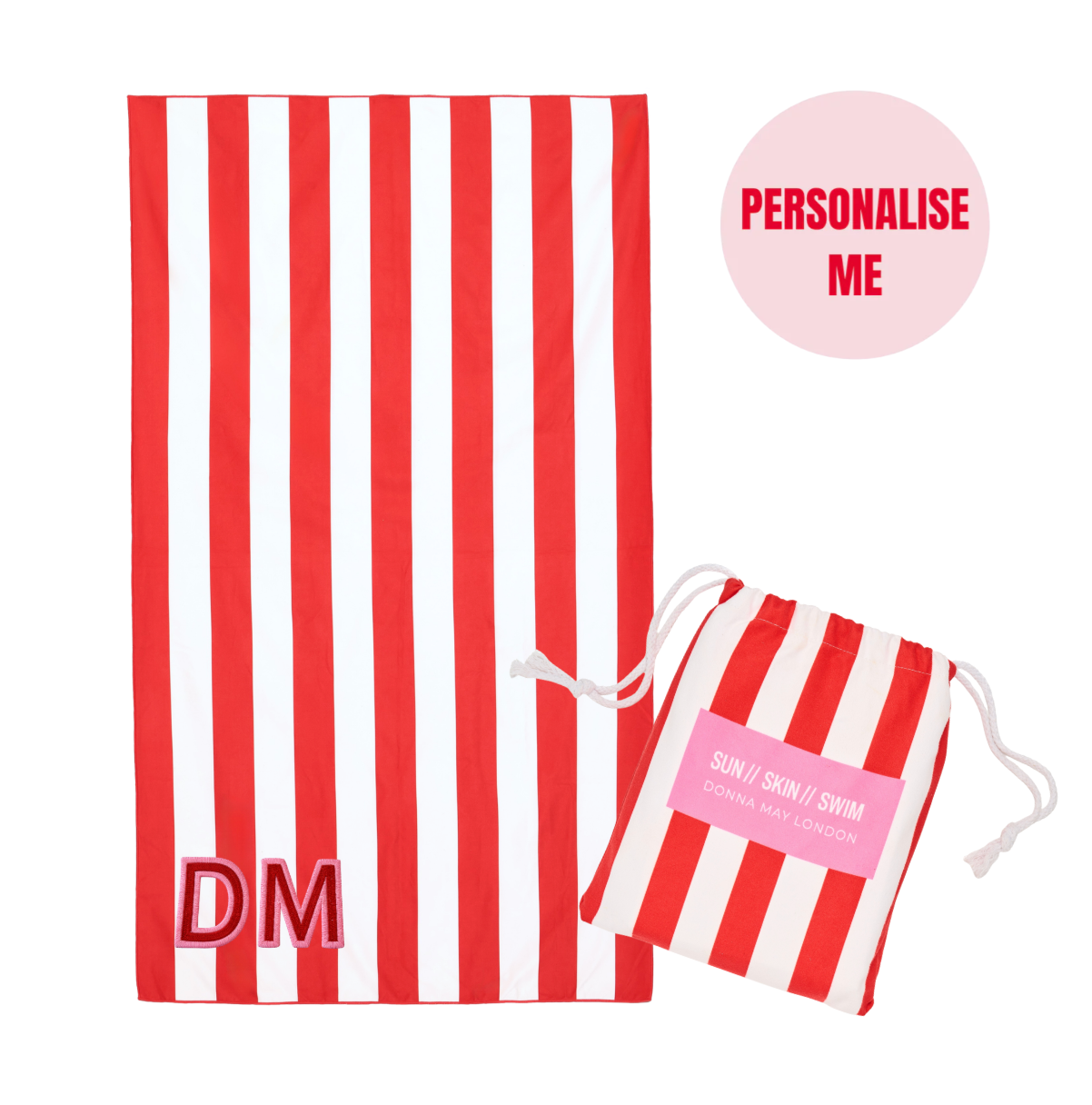 Chic Red & White Striped Beach Towel + Carry Pouch