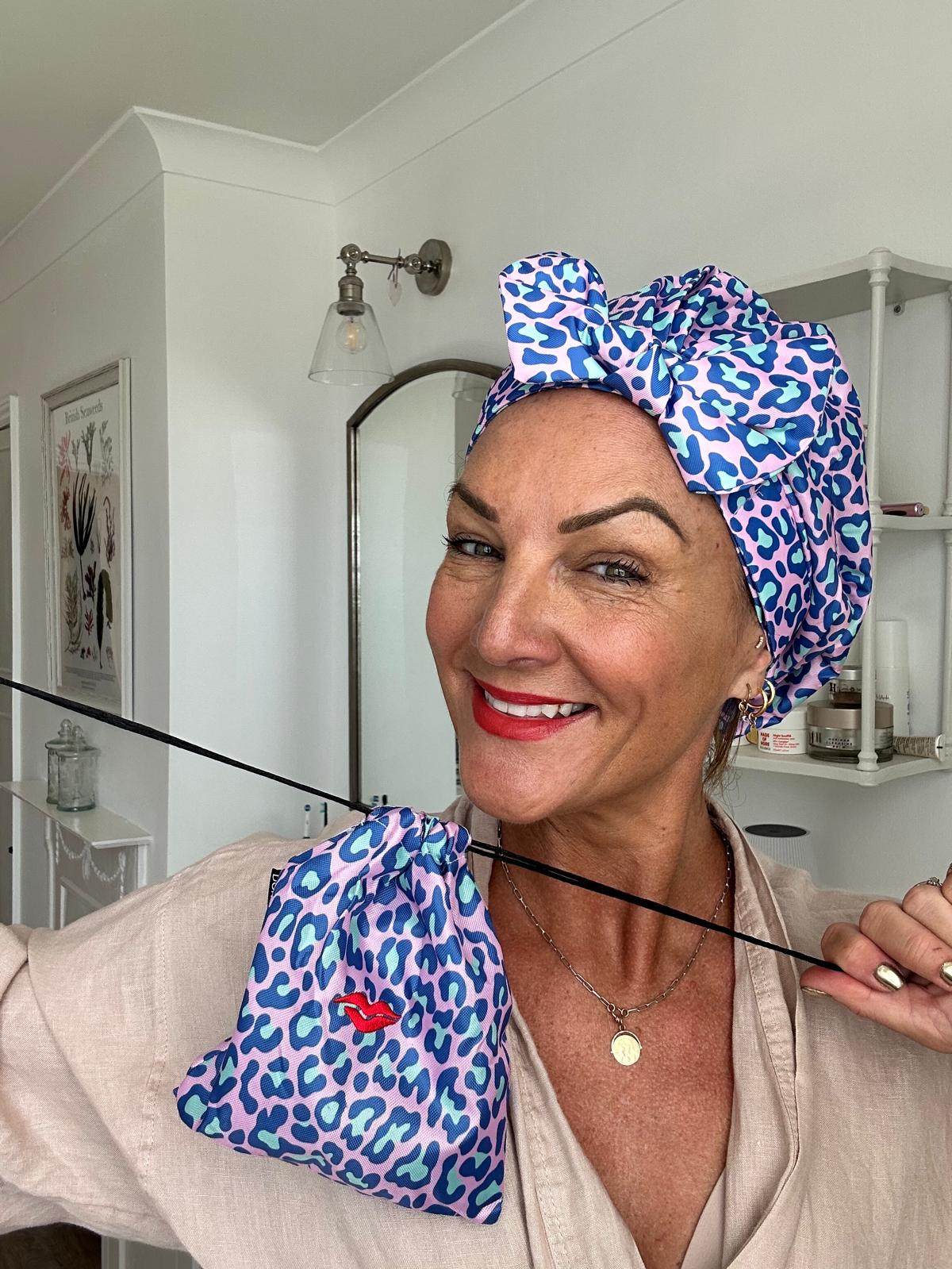 Shower Cap with Cute Bow in Blue & Green Leopard Print