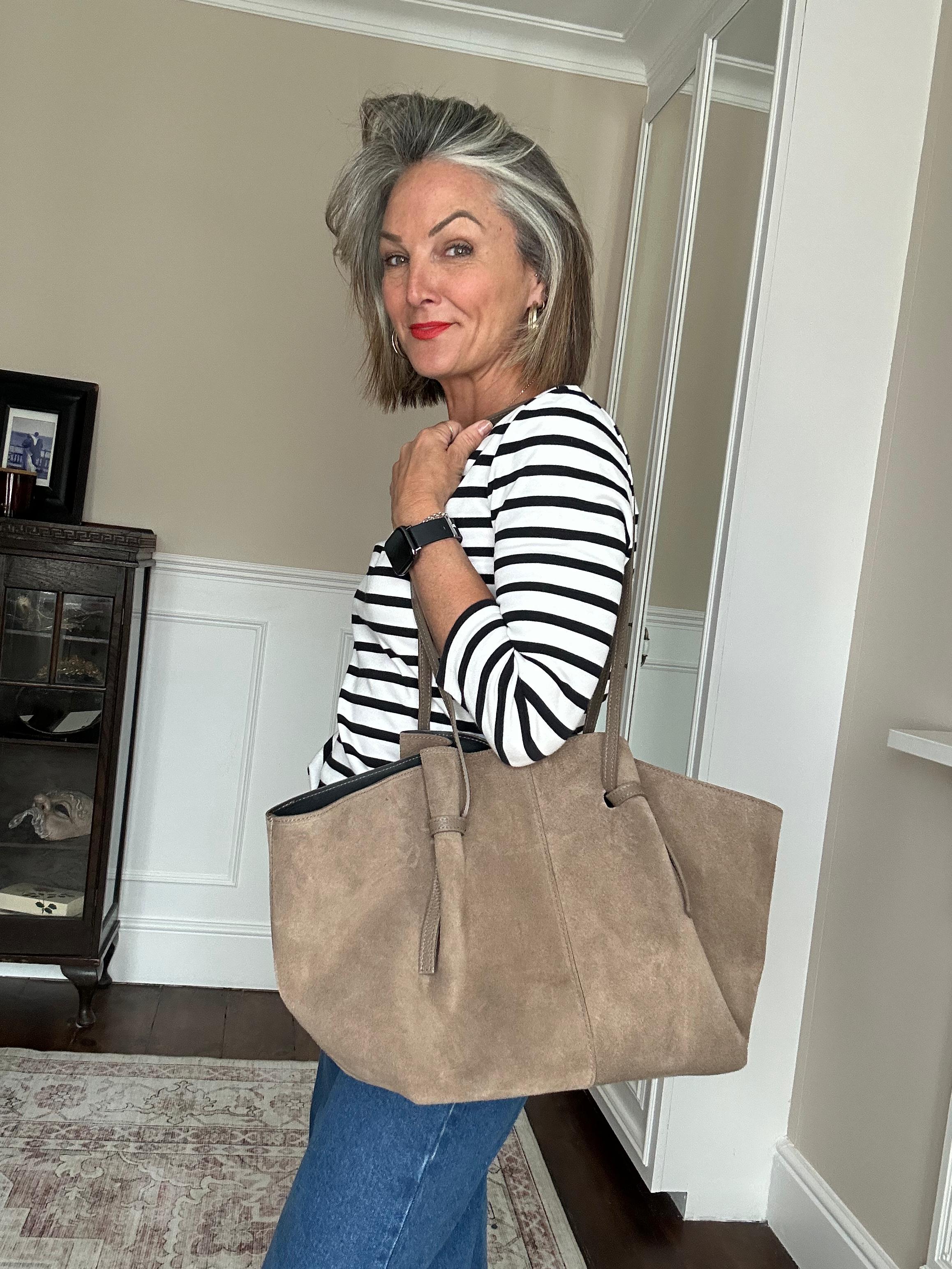 Gathered Suede Tote Bag in Mink