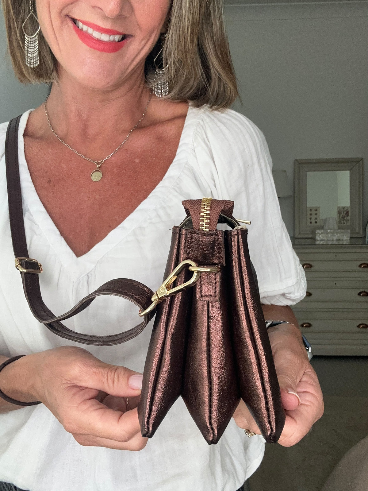 Trinity Cross Body bag in Chocolate Metallic Leather