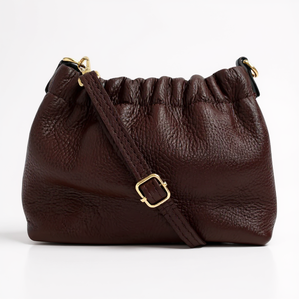 Lara Cross Body Bag in Dark Plum Italian Leather - gold metalwork