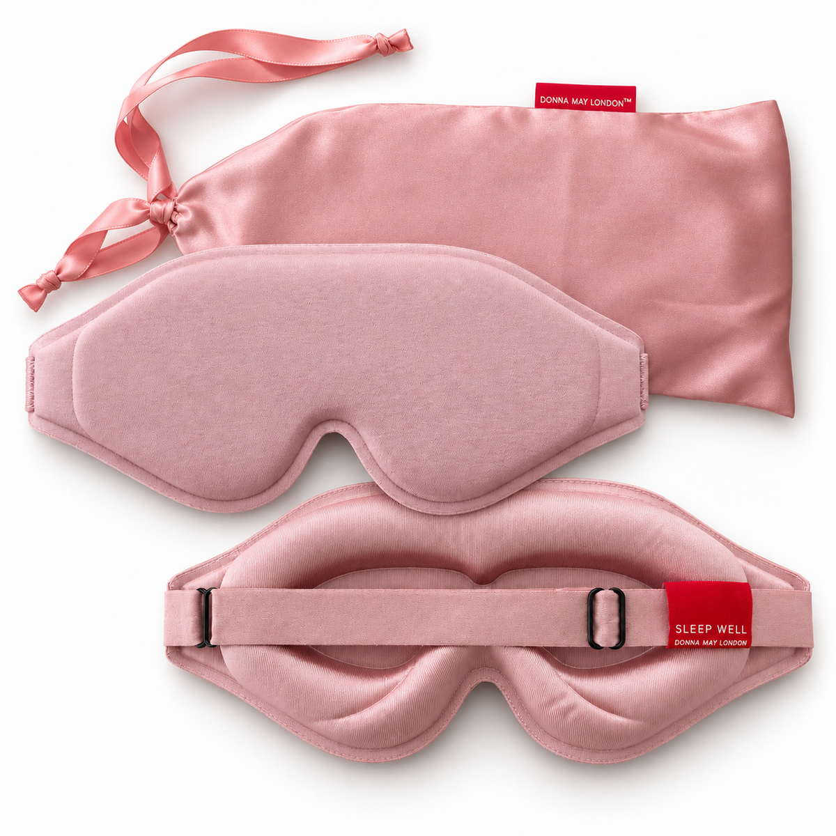 Donna May London EasySleep contoured sleep mask in blush pink, showing front and back views with its matching satin pouch