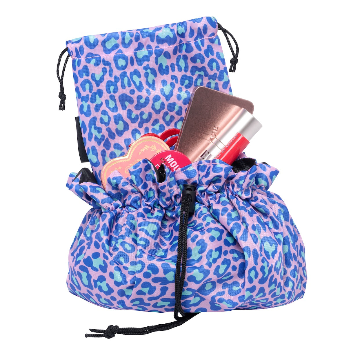 open flat makeup bag in blue and green