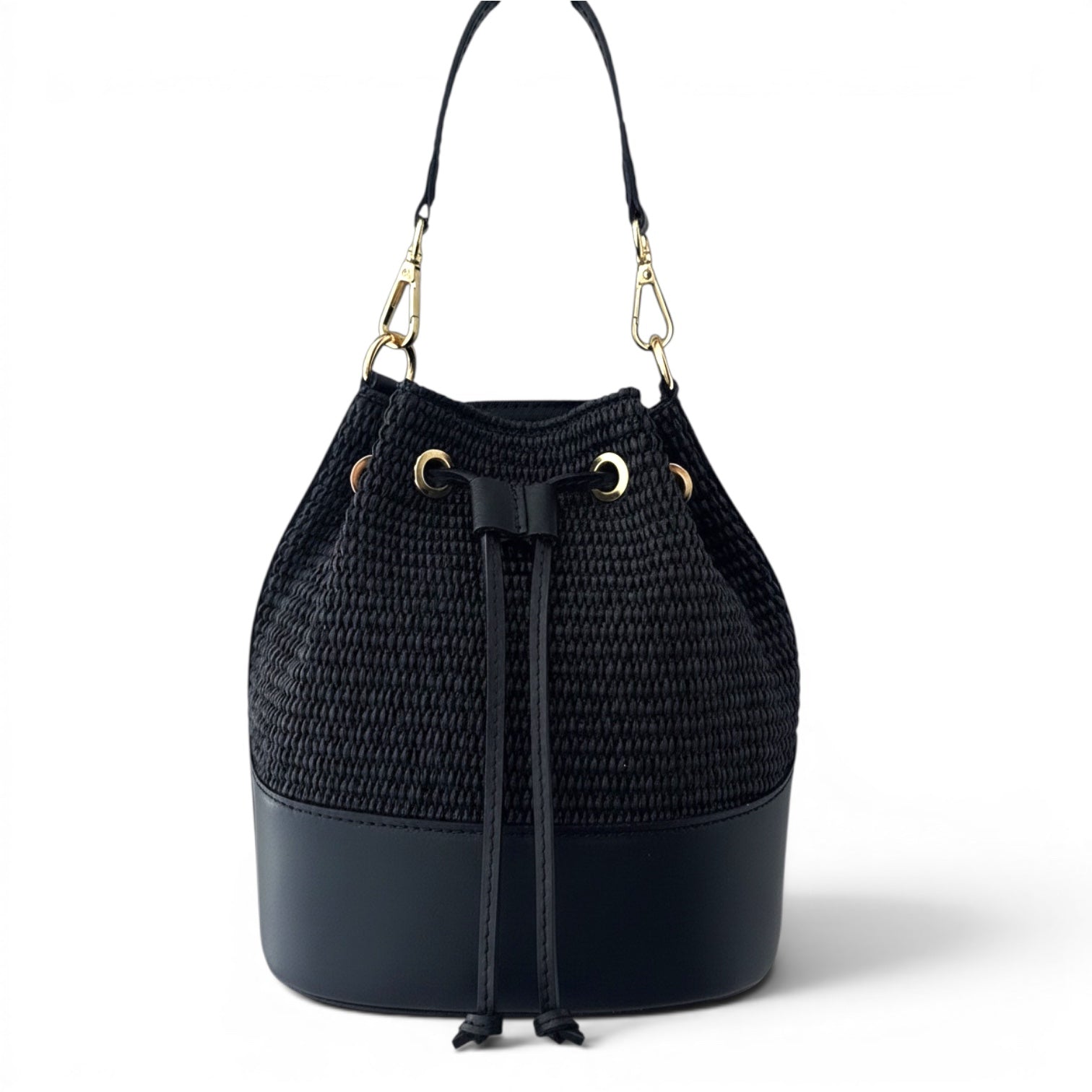 Amalfi Woven Bucket Bag with Black Leather