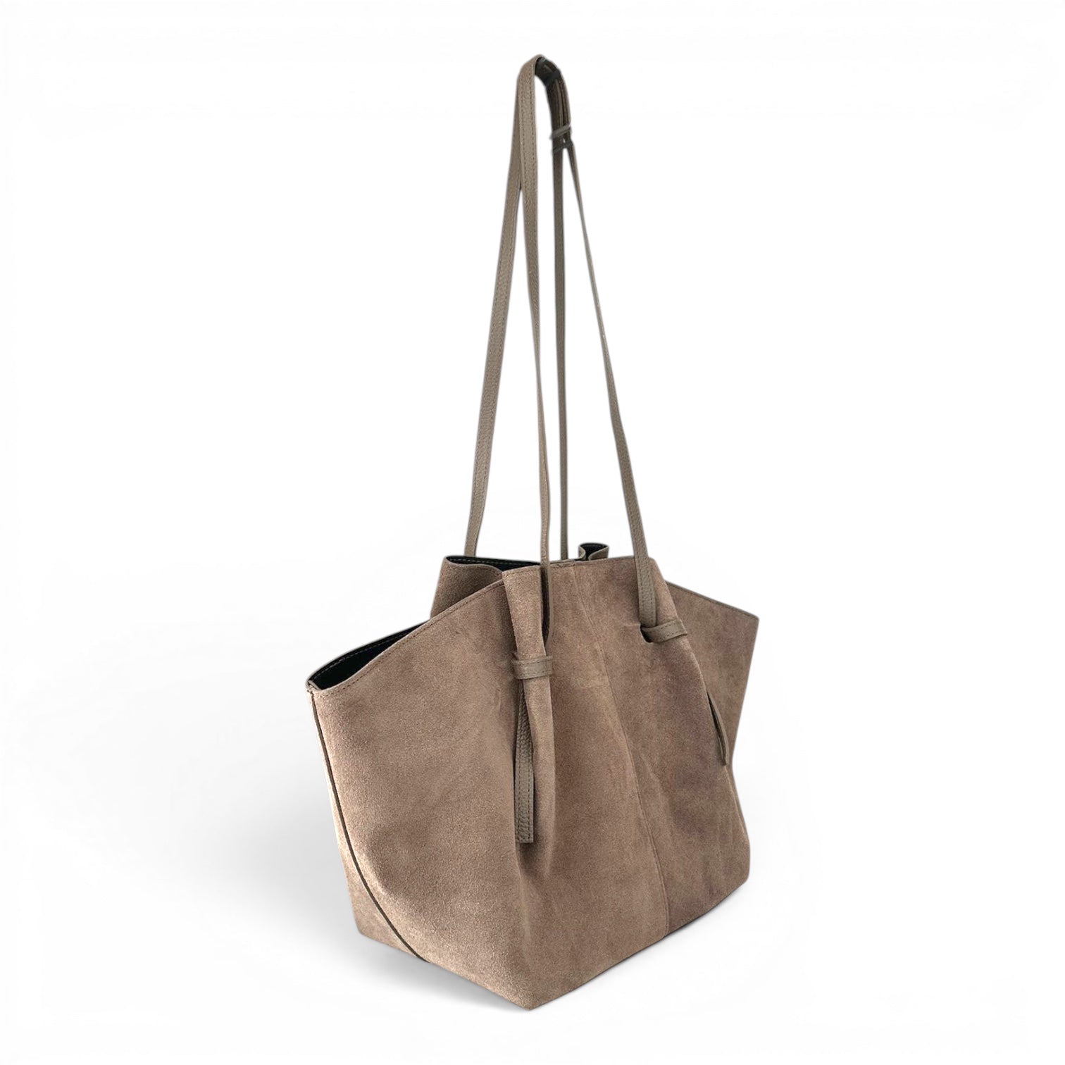 Gathered Suede Tote Bag in Mink