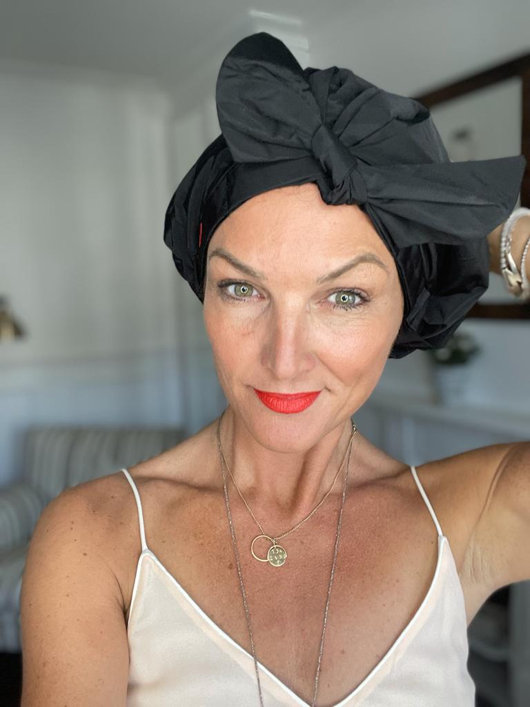 black shower cap with bow