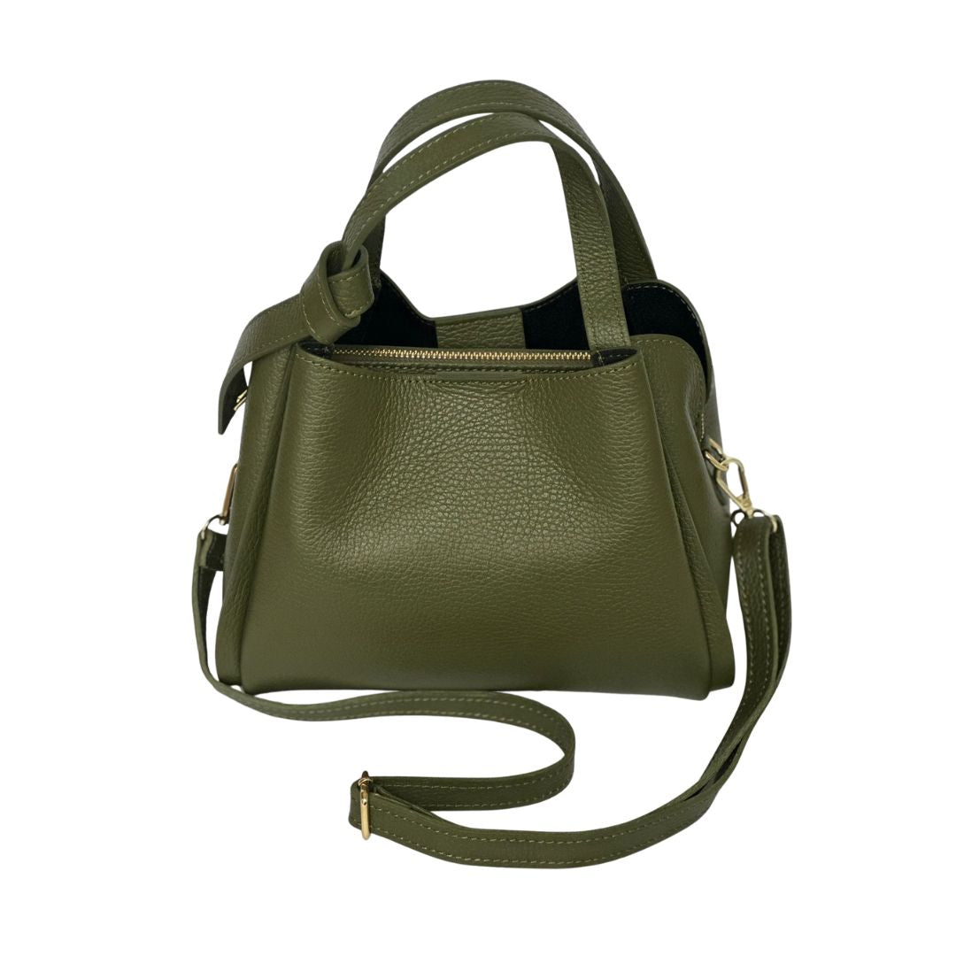 Olive green Bow Bag/ Donna May London. Mini tote bag with top handles and crossbody strap in pebbled finish