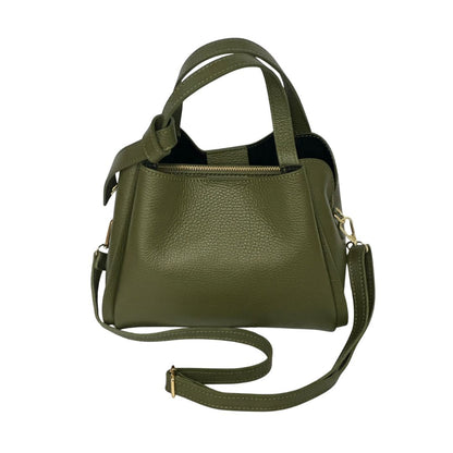 Olive green Bow Bag/ Donna May London. Mini tote bag with top handles and crossbody strap in pebbled finish