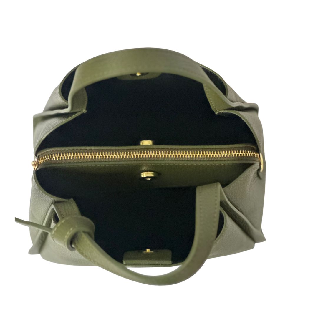 Elegant green structured handbag with gold hardware and detachable crossbody strap