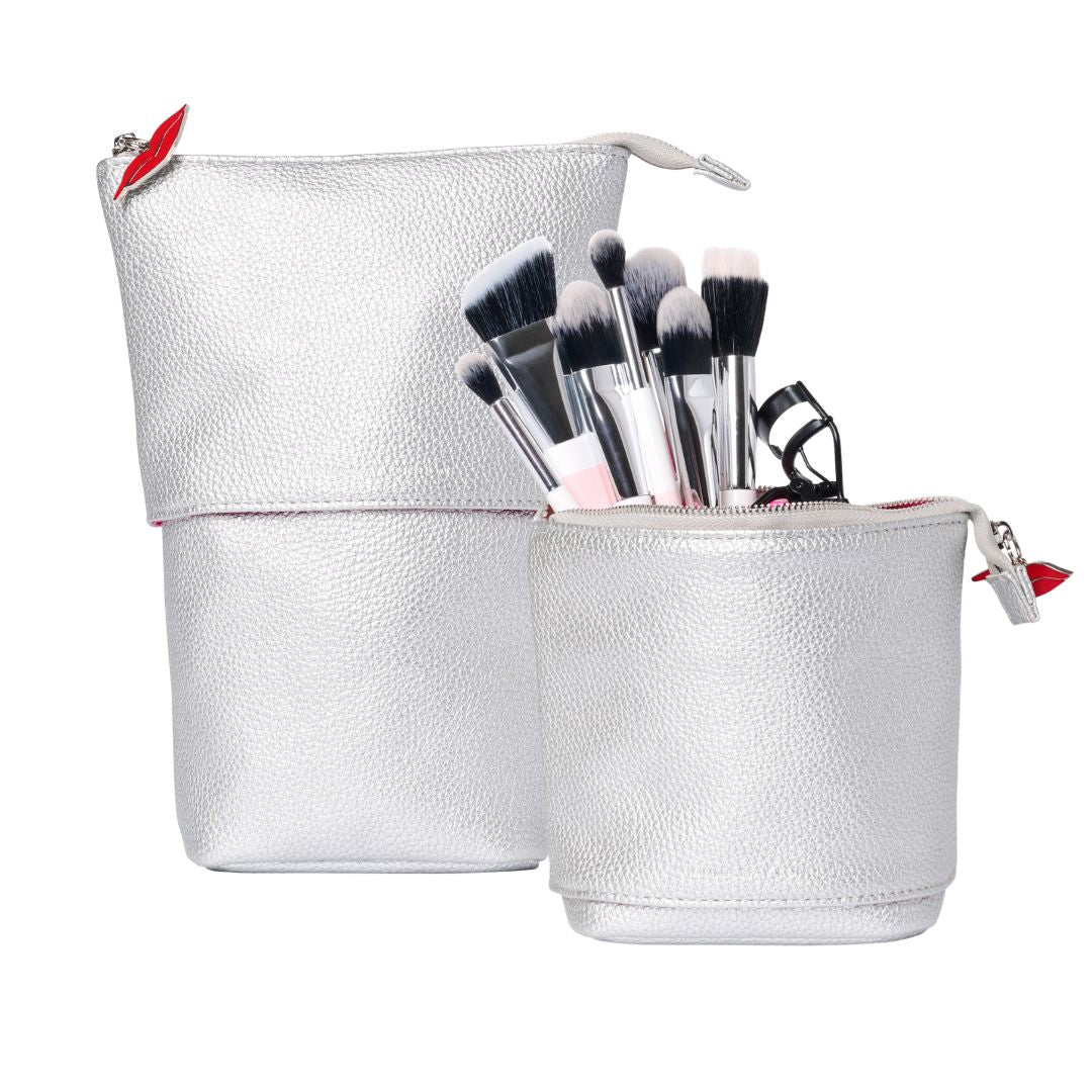 Stand &amp; Store Makeup Brush Case in Silver | Adjustable &amp; Travel-Friendly