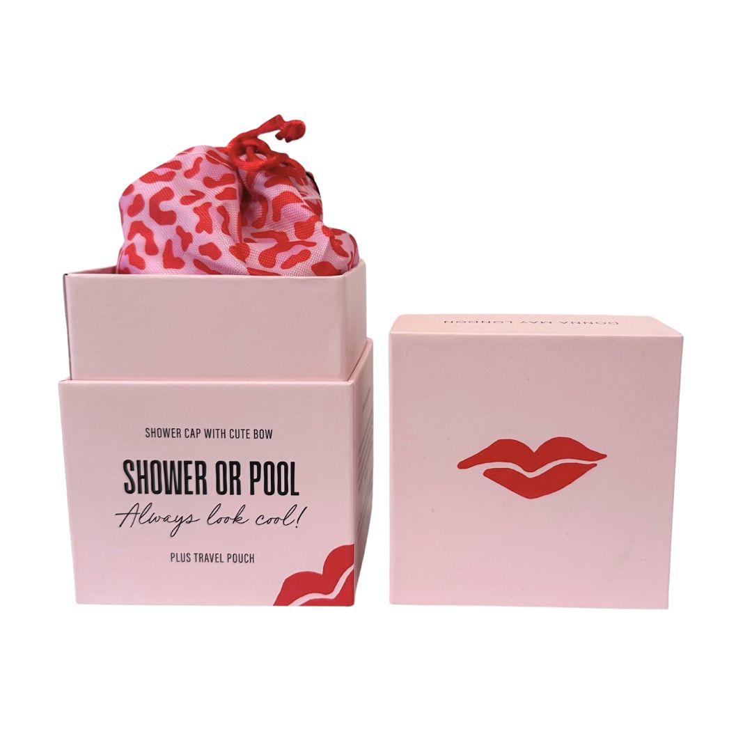 Shower Cap with Cute Bow in Red &amp; Pink Leopard