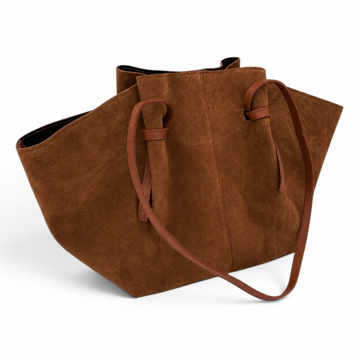 Gathered Suede Tote Bag in Brown