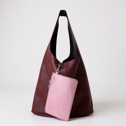 Burgundy shopper tote with metallic purse