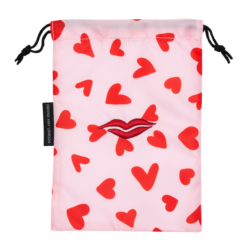 pink with red hearts makeup bag