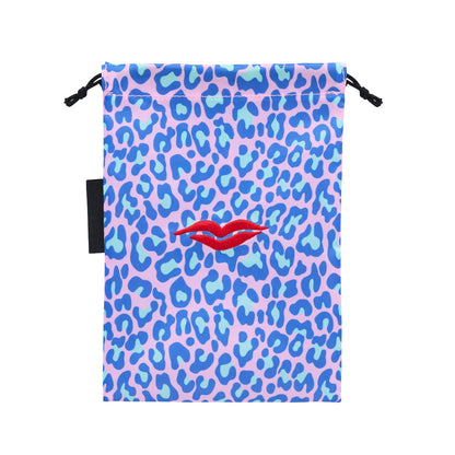 Open Flat Drawstring Makeup Bag in Blue &amp; Green Leopard