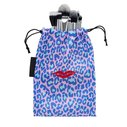Open Flat Drawstring Makeup Bag in Blue &amp; Green Leopard