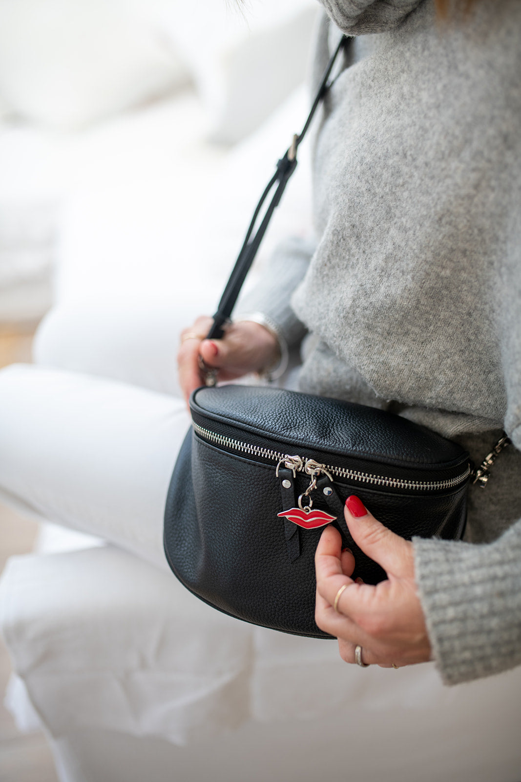 London Cross Body Maxi Bag in Black with both leather and fabric strap