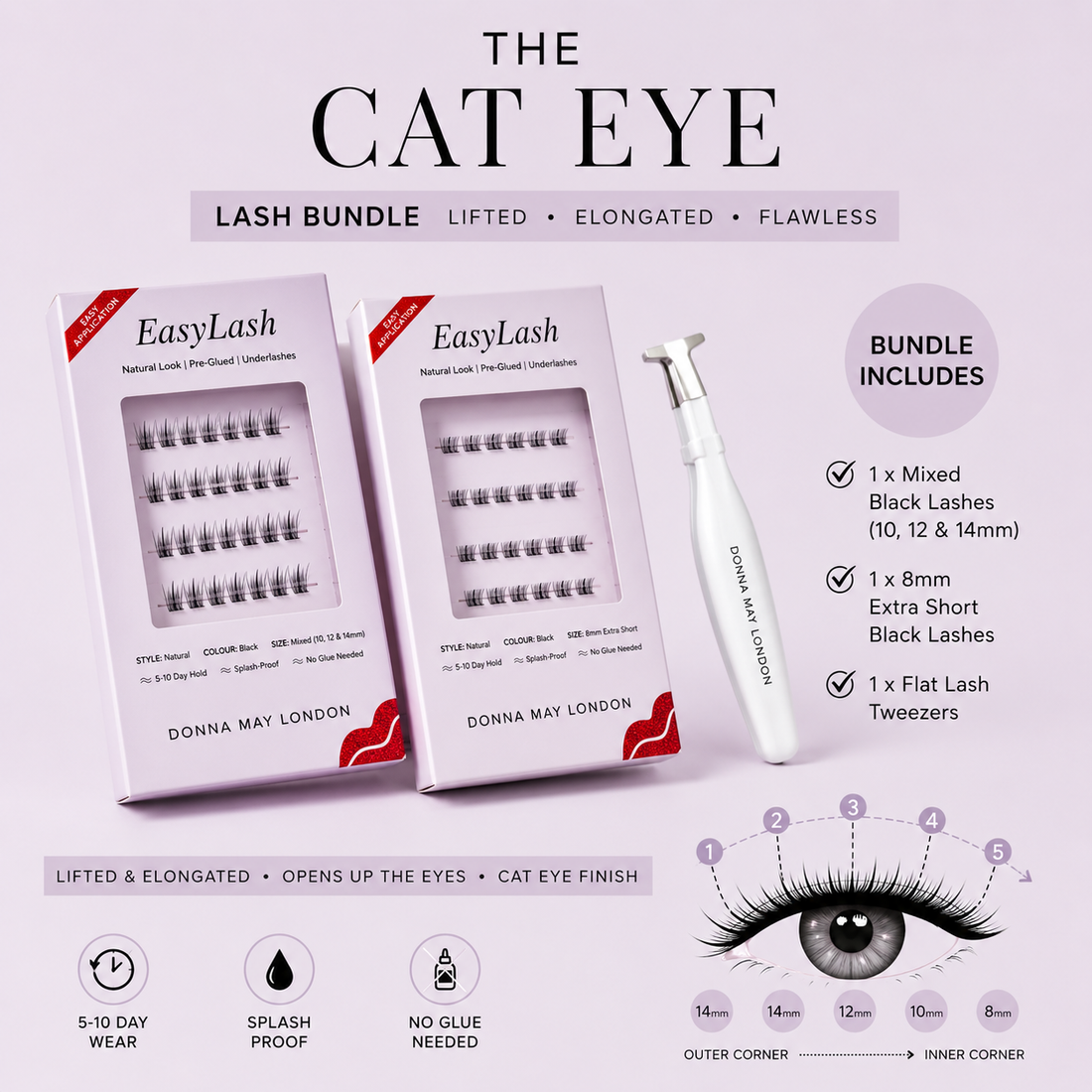 EasyLash Cat Eye Lash Bundle with pre-glued underlashes and Flat Lash Tweezers creating a lifted cat-eye effect.