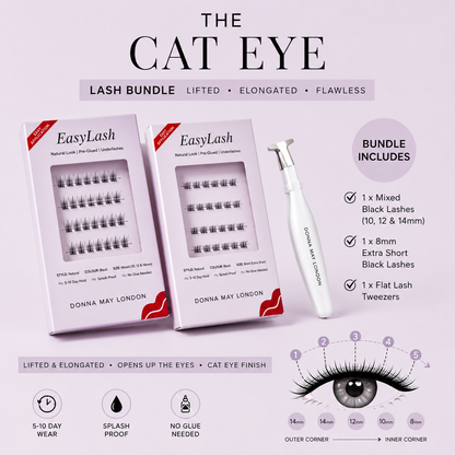 EasyLash Cat Eye Lash Bundle with pre-glued underlashes and Flat Lash Tweezers creating a lifted cat-eye effect.