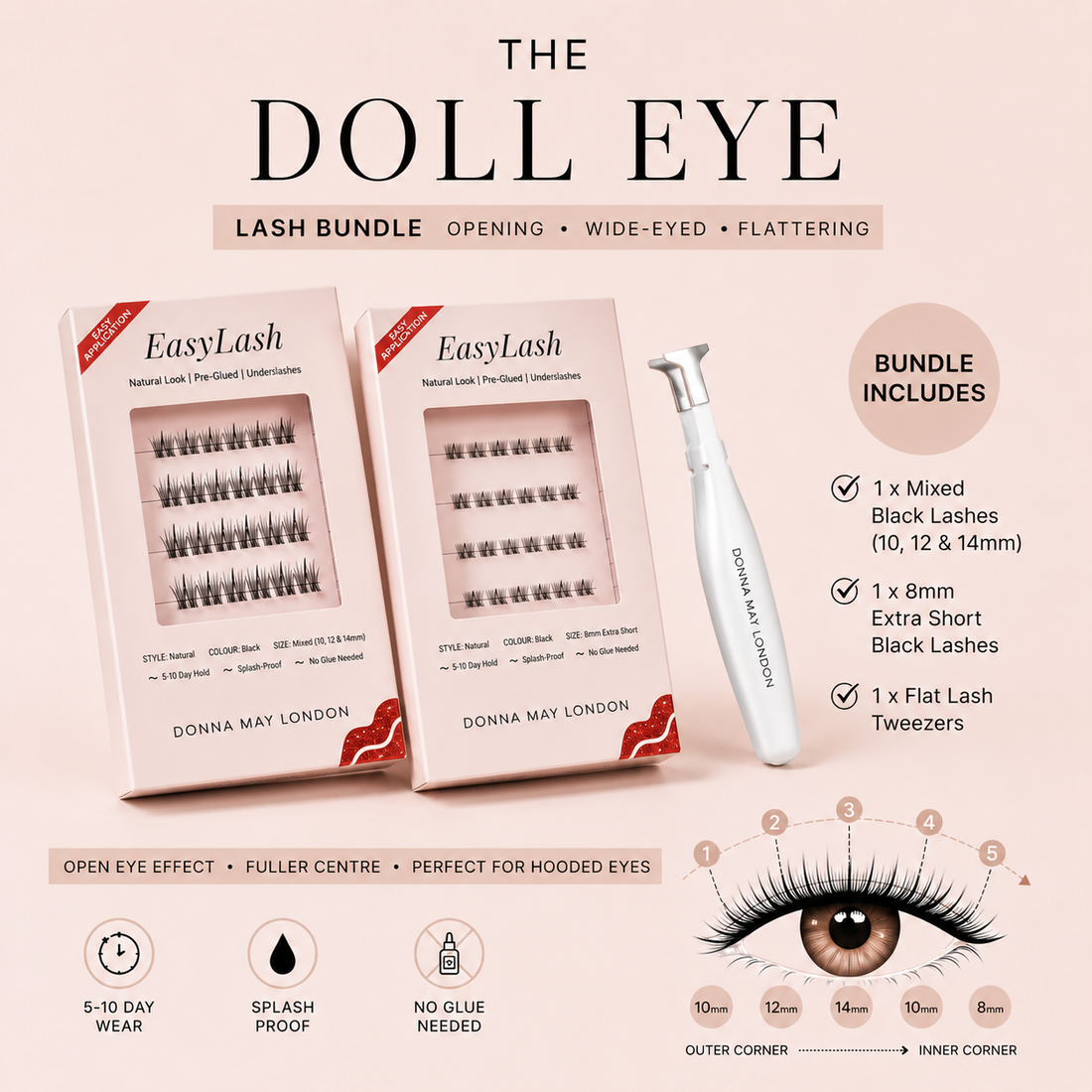 EasyLash Doll Eye Lash Bundle featuring Mixed Black lashes, 8mm Extra Short lashes and Flat Lash Tweezers for a wide-eyed lash effect.
