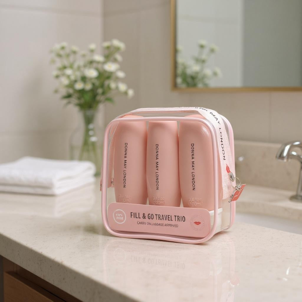 Fill &amp; Go silicone travel bottle trio in reusable zip pouch