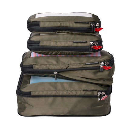 Khaki compression packing cubes for travel organisation