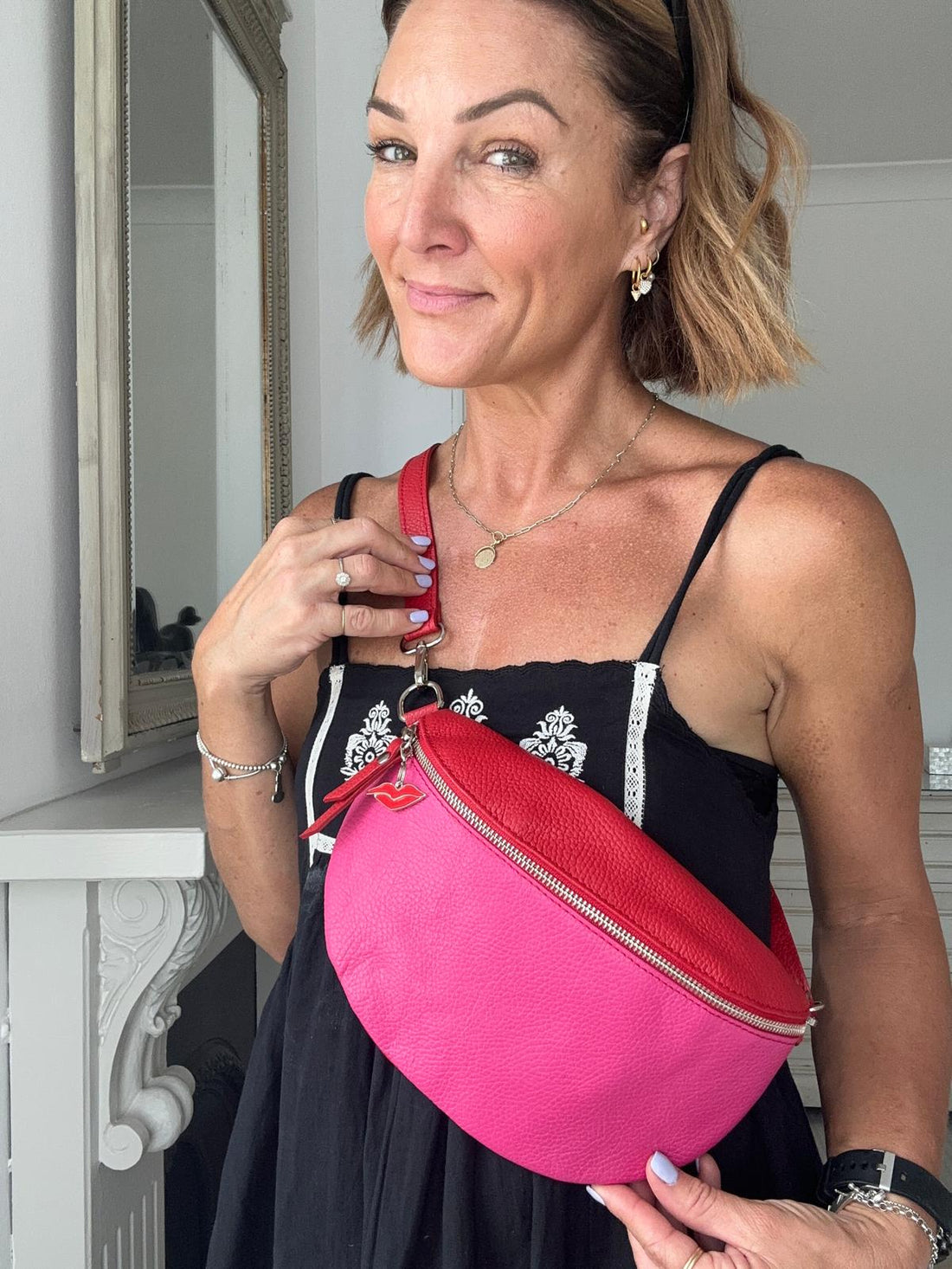 Brighton City Bag in Red &amp; pink - With leather strap