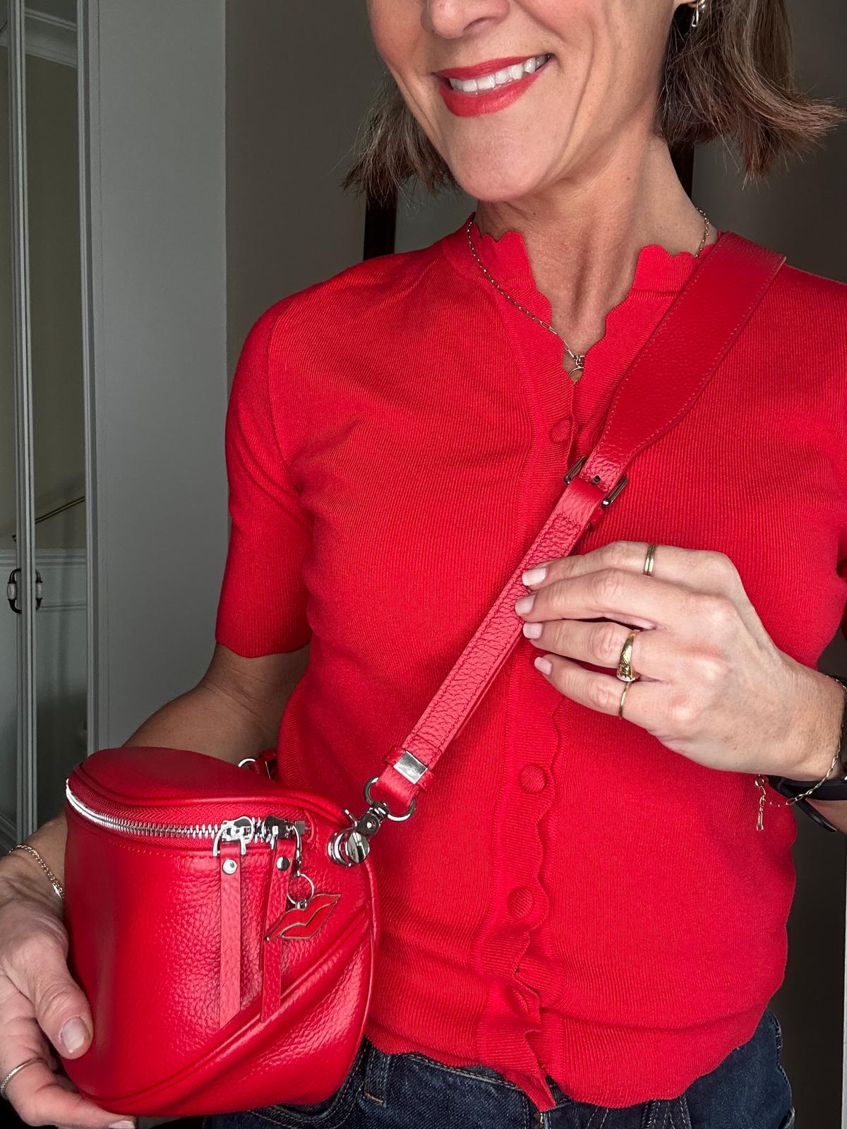 Venice Cross Body Maxi Bag in Red with both leather and fabric straps