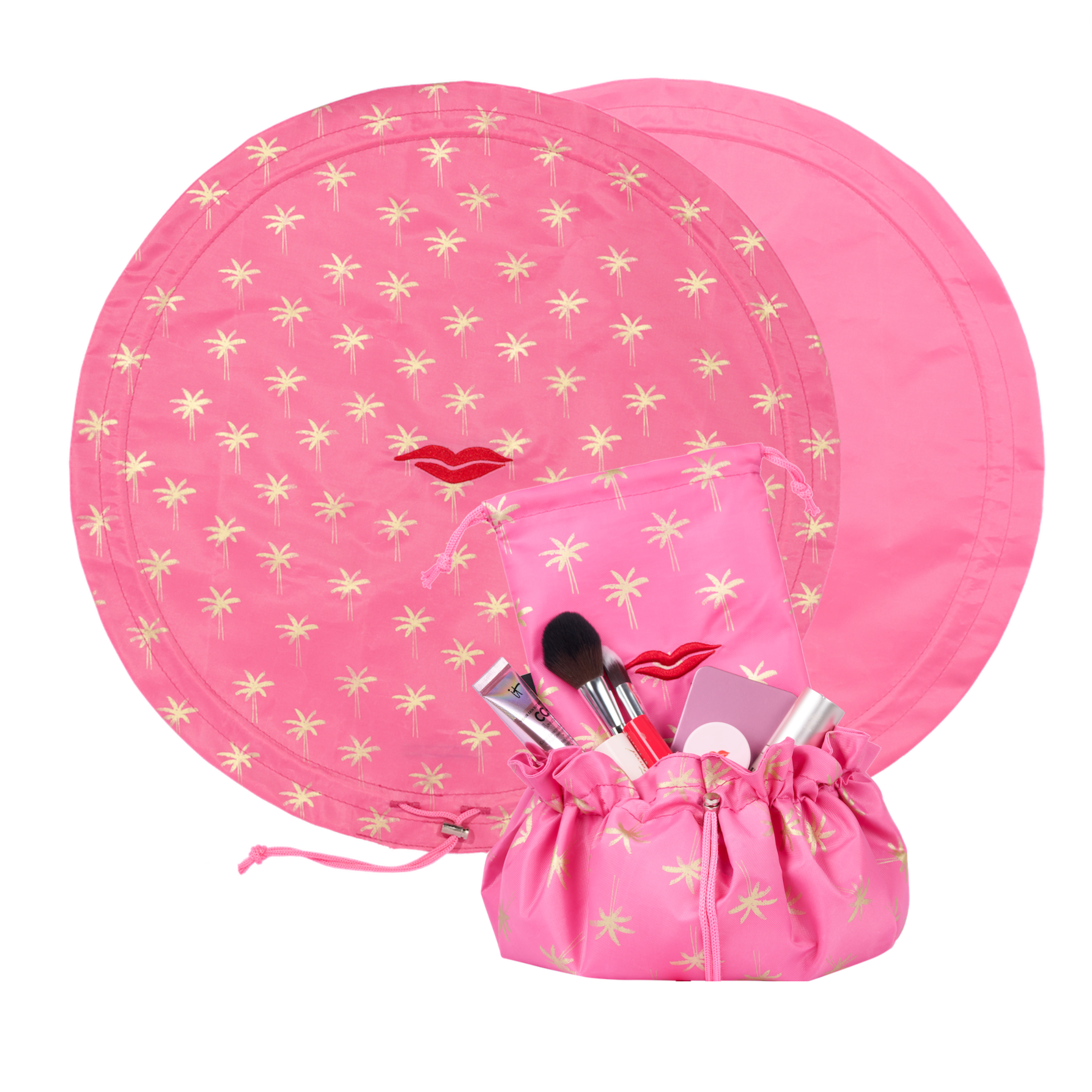 Open Flat Drawstring Makeup Bag in Pink &amp; Gold Palm Tree