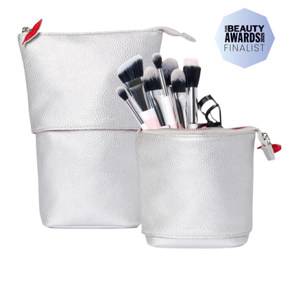Stand &amp; Store Makeup Brush Case in Silver | Adjustable &amp; Travel-Friendly