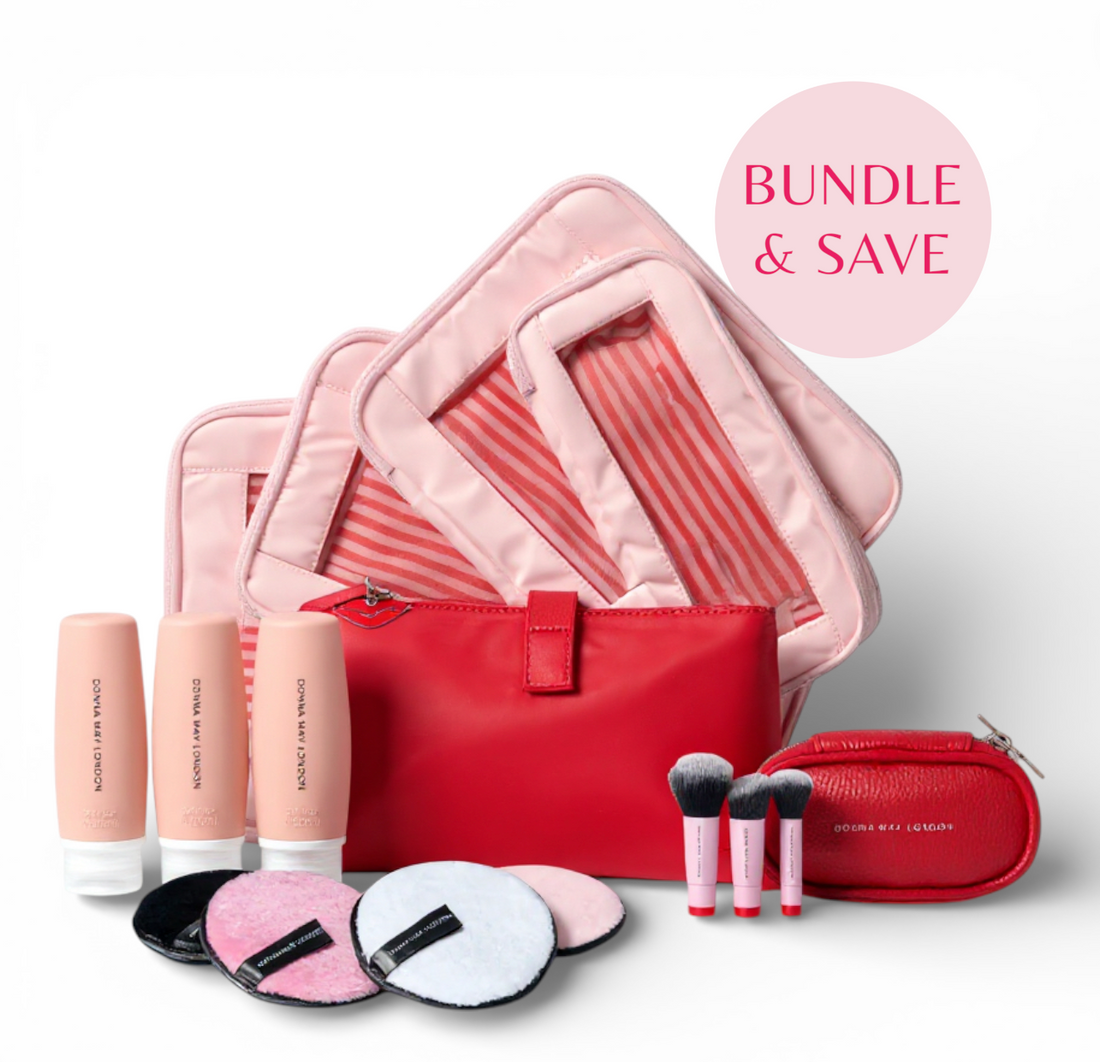 Chic Jetsetter travel bundle including compression packing cubes, mini makeup brushes, travel bottles, organiser bag and reusable makeup remover pads in red and pink