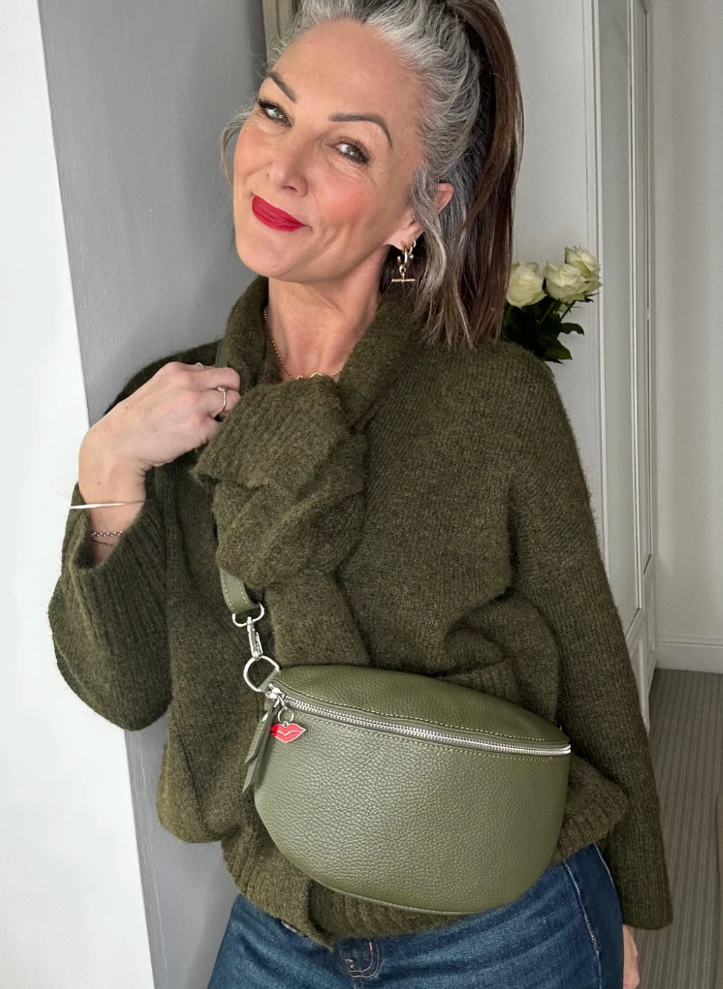 SALE Seville City Bag in Olive Green - with leather strap SLIGHT CREASE IN LEATHER