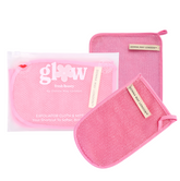 Pink exfoliator cloth and mitt with &