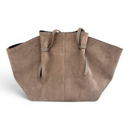 Gathered Suede Tote Bag in Mink