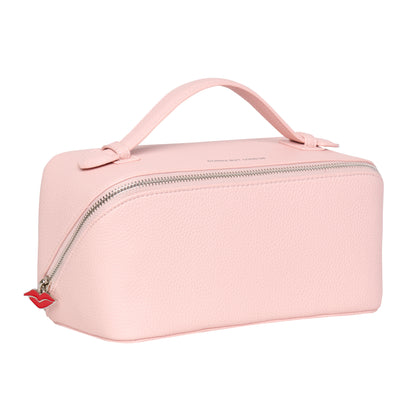 "Donna May London Chic Train Beauty Box in blush pink faux leather with red lip zip pull"