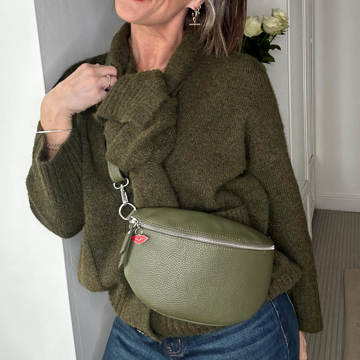 Olive Green Cross-body leather city bag by Donna May London