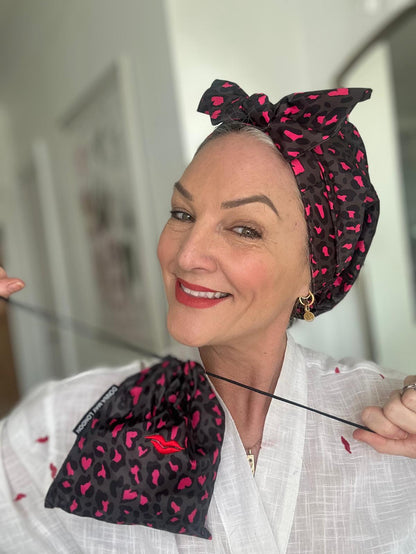 Shower Cap with Cute Bow in Khaki &amp; Pink Animal