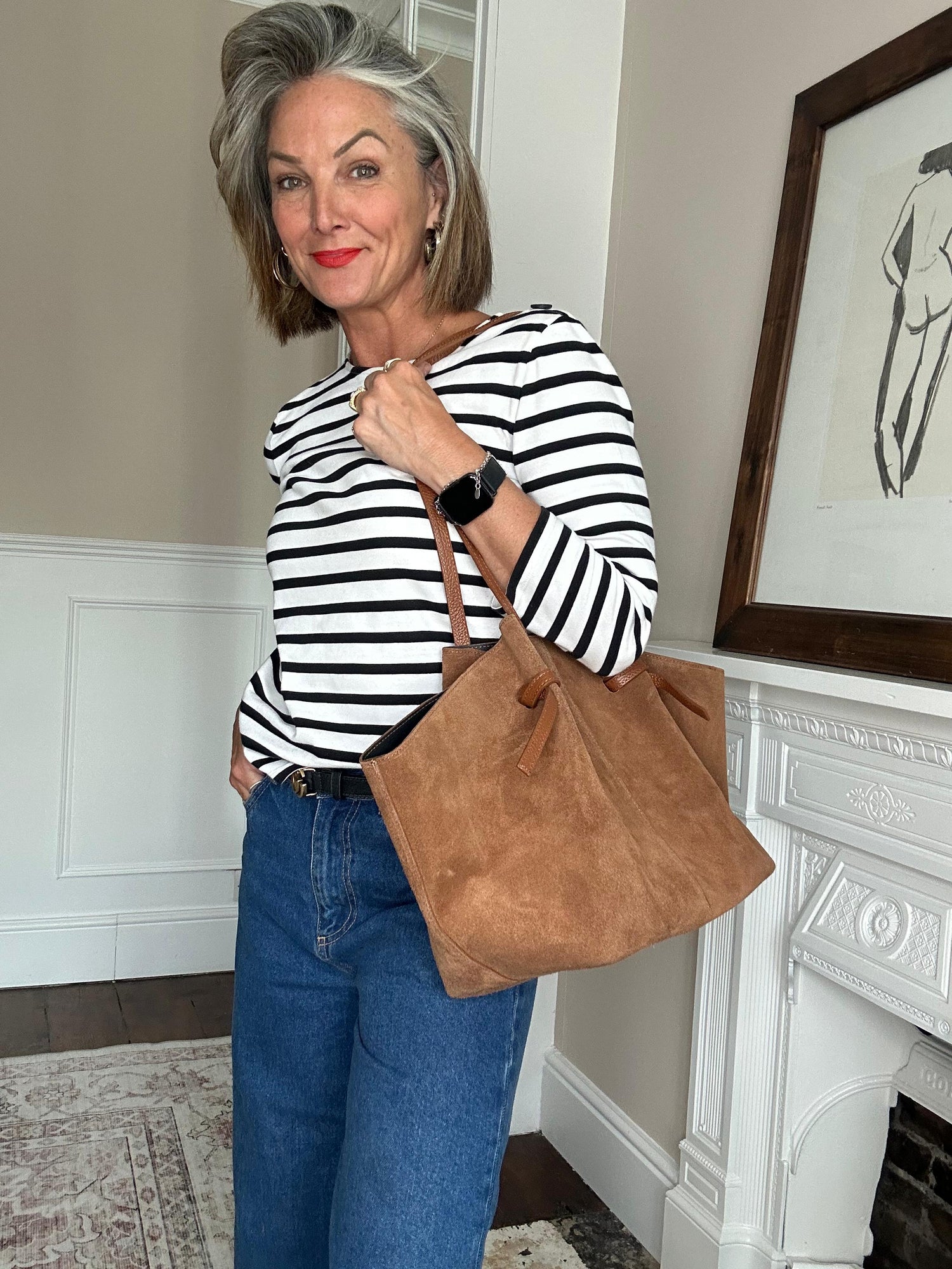 Gathered Suede Tote Bag in Brown