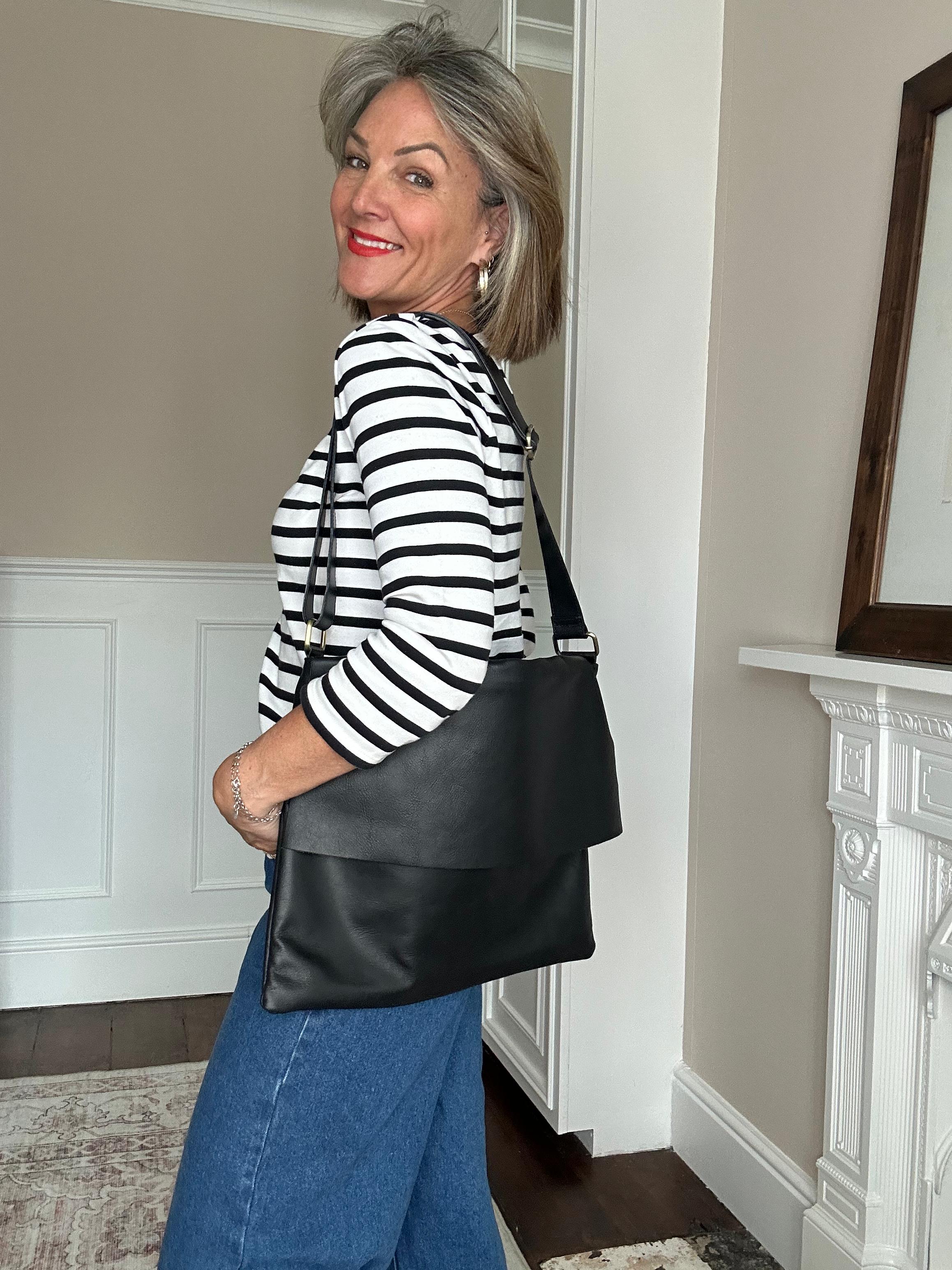 Soft Envelope Leather Bag with Adjustable Strap in Black
